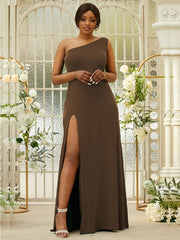 Sheath/Column Jersey Ruffles One-Shoulder Sleeveless Sweep/Brush Train Bridesmaid Dresses