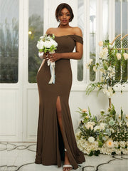 Sheath/Column Jersey Ruffles Off-the-Shoulder Sleeveless Sweep/Brush Train Bridesmaid Dresses