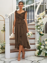 A-Line/Princess Silk like Satin Ruffles V-neck Sleeveless Tea-Length Bridesmaid Dresses
