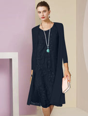 Two Piece Sheath / Column Mother of the Bride Dress Formal Wedding Guest Elegant Scoop Neck Knee Length Chiffon Lace Half Sleeve Jacket Dresses with Appliques