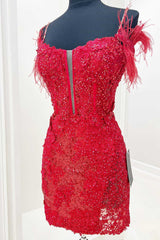 Dark Periwinkle Cold-Shoulder Feather Mini Homecoming Dress