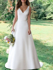 Wholesale Hall Open Back Simple Wedding Dresses A-Line V Neck Sleeveless Sweep / Brush Train Satin Bridal Gowns With Appliques