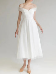 Wholesale Bridal Shower Little White Dresses Wedding Dresses A-Line Off Shoulder Sleeveless Tea Length Satin Bridal Gowns With Solid Color