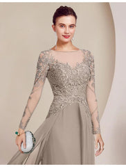Aimishang  Sheath / Column Mother of the Bride Dress Formal Wedding Guest Elegant Scoop Neck Floor Length Chiffon Lace Long Sleeve with Beading Appliques
