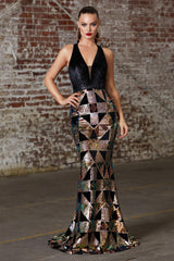 Cinderella Divine B60217 Long Formal Halter Fitted Geometric Print Prom Gown