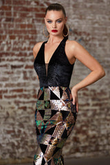 Cinderella Divine B60217 Long Formal Halter Fitted Geometric Print Prom Gown