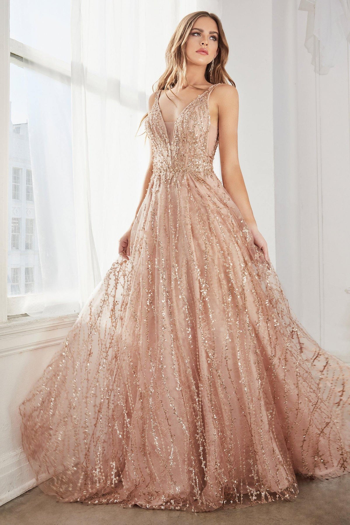 Cinderella Divine C32 Prom Long Sleeveless Glitter Lace Print Ball Gown