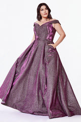 Cinderella Divine CB0036 Long Off Shoulder Prom Glitter Metallic Ball Gown