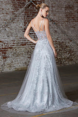 Cinderella Divine CB047 Long Formal Spaghetti Strap Glitter Print Prom Gown
