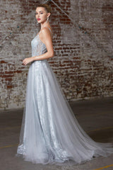 Cinderella Divine CB047 Long Formal Spaghetti Strap Glitter Print Prom Gown