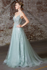 Cinderella Divine CB047 Long Formal Spaghetti Strap Glitter Print Prom Gown