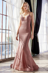 Cinderella Divine CB054 Long Spaghetti Strap Glitter Mermaid Prom Gown