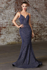 Cinderella Divine CB054 Long Spaghetti Strap Glitter Mermaid Prom Gown