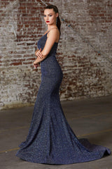 Cinderella Divine CB054 Long Spaghetti Strap Glitter Mermaid Prom Gown