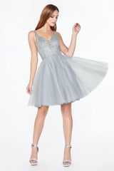 Cinderella Divine CD0149 Homecoming Short Sleeveless Glitter Skirt Prom Dress