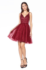 Cinderella Divine CD0149 Homecoming Short Sleeveless Glitter Skirt Prom Dress
