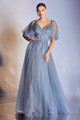 Cinderella Divine CD0175 Long Formal Short Sleeve Evening Dress