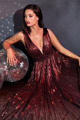 Cinderella Divine CD160 Long Formal Metallic Pleated Prom Dress