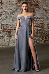 Cinderella Divine CD162 Long Formal Off Shoulder Metallic Prom Dress