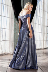 Cinderella Divine CD162 Long Formal Off Shoulder Metallic Prom Dress