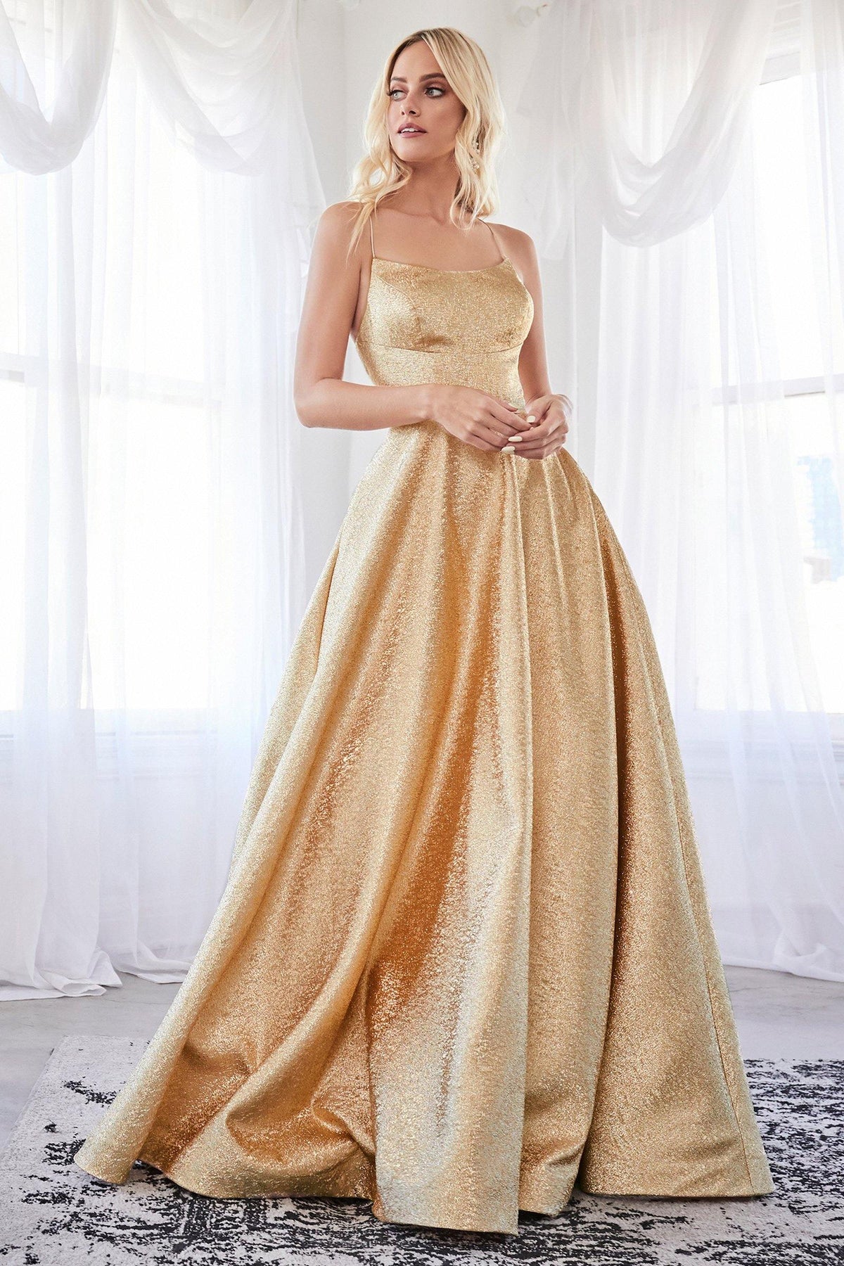 Cinderella Divine CD203 Long Spaghetti Strap Metallic Prom Ball Gown
