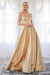 Cinderella Divine CD203 Long Spaghetti Strap Metallic Prom Ball Gown