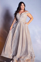 Cinderella Divine CD210C Prom Long Off Shoulder Metallic Plus Size Dress