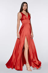 Cinderella Divine CD7469 Satin Prom Long High Slit Dress