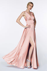 Cinderella Divine CD7469 Satin Prom Long High Slit Dress