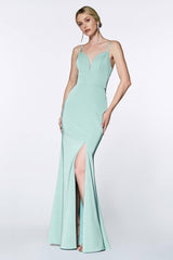 Cinderella Divine CD7470 Long Sleeveless V Neck High Slit Prom Dress Evening Gown