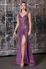 Cinderella Divine CF165 Long Prom Sleeveless Metallic Formal Pleated Dress