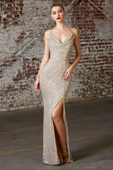 Cinderella Divine CF199 Long  Sequins Metallic Prom Dress