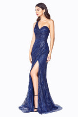 Cinderella Divine CH201 Prom Long One Shoulder Fitted Glitter Dress Formal