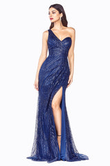 Cinderella Divine CH201 Prom Long One Shoulder Fitted Glitter Dress Formal
