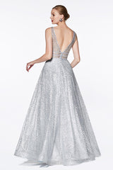 Cinderella Divine CJ256 Long A Line Prom Metallic Dress Evening Gown
