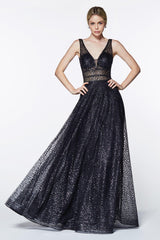 Cinderella Divine CJ256 Long A Line Prom Metallic Dress Evening Gown