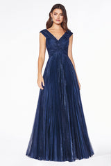 Cinderella Divine CJ539 Long Formal Pleated Metallic Evening Prom Dress