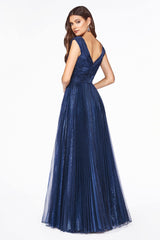 Cinderella Divine CJ539 Long Formal Pleated Metallic Evening Prom Dress