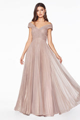 Cinderella Divine CJ539 Long Formal Pleated Metallic Evening Prom Dress