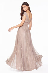 Cinderella Divine CJ539 Long Formal Pleated Metallic Evening Prom Dress