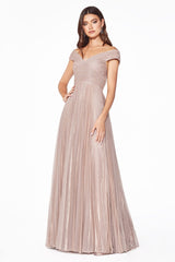 Cinderella Divine CJ539 Long Formal Pleated Metallic Evening Prom Dress