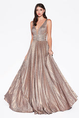 Cinderella Divine CM9061 Long Formal Sleeveless Pleated Prom Dress