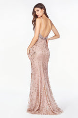 Cinderella Divine CM9170 Long Formal Sleeveless Glitter Print Prom Dress