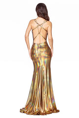 Cinderella Divine CR847 Long Formal Metallic Spaghetti Strap Prom Dress