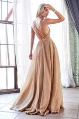 Cinderella Divine CW167 Long Pleated Spaghetti Strap Metallic Prom Dress