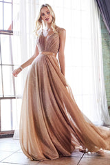 Cinderella Divine CW167 Long Pleated Spaghetti Strap Metallic Prom Dress