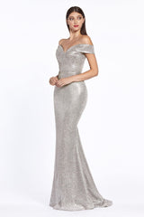 Cinderella Divine CZ0018 Long Formal Off Shoulder Metallic Prom Dress