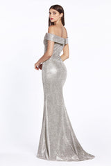 Cinderella Divine CZ0018 Long Formal Off Shoulder Metallic Prom Dress