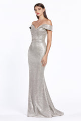 Cinderella Divine CZ0018 Long Formal Off Shoulder Metallic Prom Dress