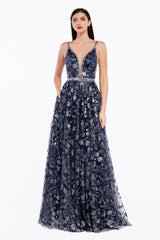 Cinderella Divine J781 Long Floral Glitter Print Evening Prom Dress Formal